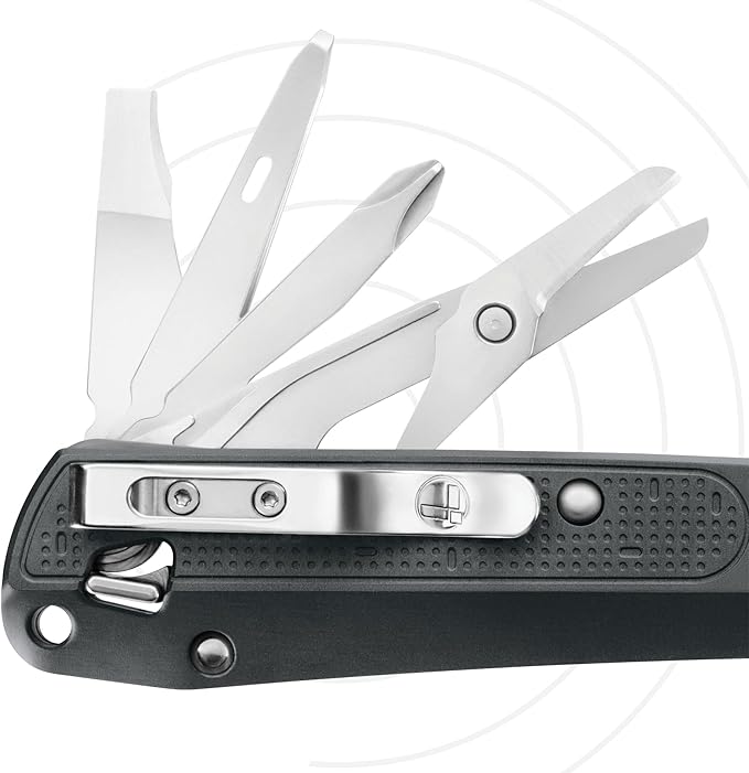 LEATHERMAN, FREE K4 EDC Pocket Multitool with Knife, Magnetic Locking, Aluminum Handles and Pocket Clip, Made in the USA, Gray (K4)