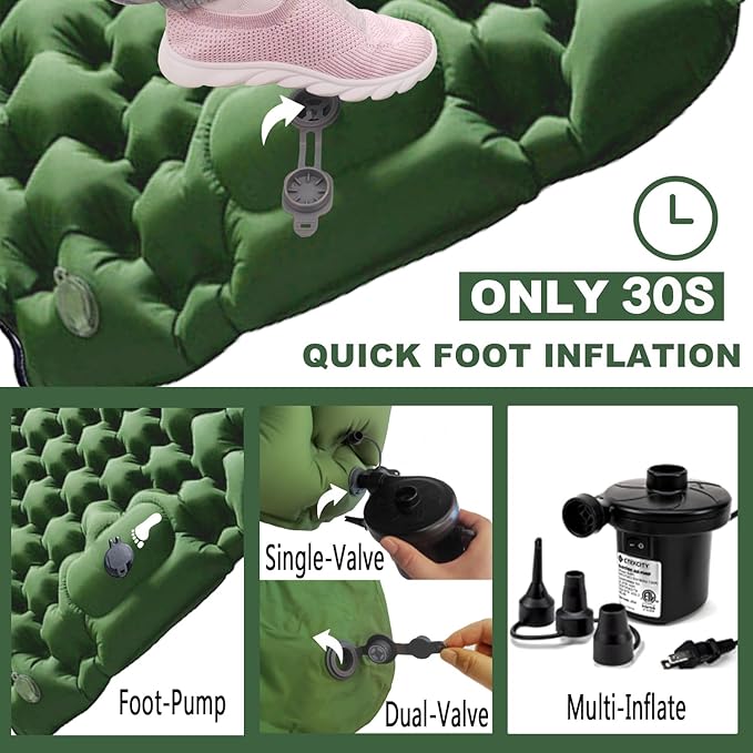 Sleeping Pad Ultralight Inflatable Camping Sleeping Pad with Pillow,Built-in Foot Pump,Lightweight Camping Mattress,Thick 4" Sleeping Mat for Camping Backpacking Hiking (Green, Single)