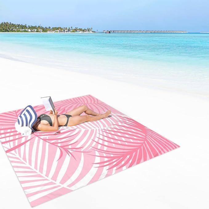78''×86'' Pink Beach Blanket 1-4 Adults, Polyester Waterproof Sandproof Beach Mat with 4 Stakes & Pockets, Large Compact Foldable Outdoor Blanket for Picnic, Travel, Camping - Tropical Palm Leaves