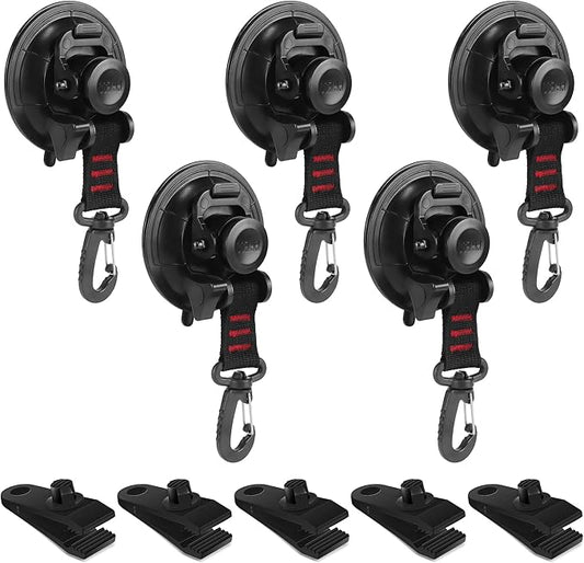 Vashly Heavy Duty Suction Cup 5Pcs Strong Suction Cups with Hooks and 5Pcs Tarp Clips Deavy Duty Lock Grip for Car Awning Boat Camping Trap Tie Down