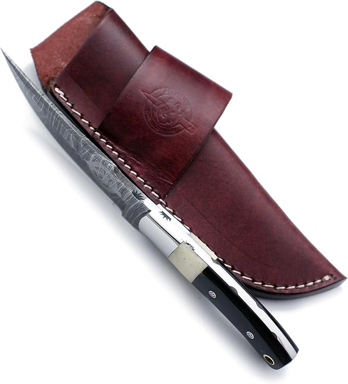 Handmade Damascus Steel Fixed Blade Knife Ideal for EDC Hunting,Survival,Camping,Bushcraft,And Fishing Fixed Blade with Drop Point Blade-Full Tang Bone Handle with CowHide-Leather Sheath-WKD-786