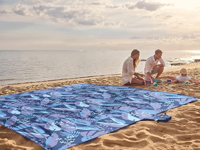 WEKAPO Beach Blanket Waterproof Sandproof Oversized, Extra Large Beach Mat Sand Free, Lightweight & Compact Sand Free Mat with 6 Stakes & 4 Corner Pockets