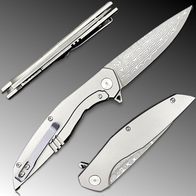 TACTICAL GEARZ EDC Damascus Pocket Folding Knife! Solid Titanium Handle! 67 Multi-Layered VG10 Damascus Steel Blade! (Volan XT Beast Bundle)