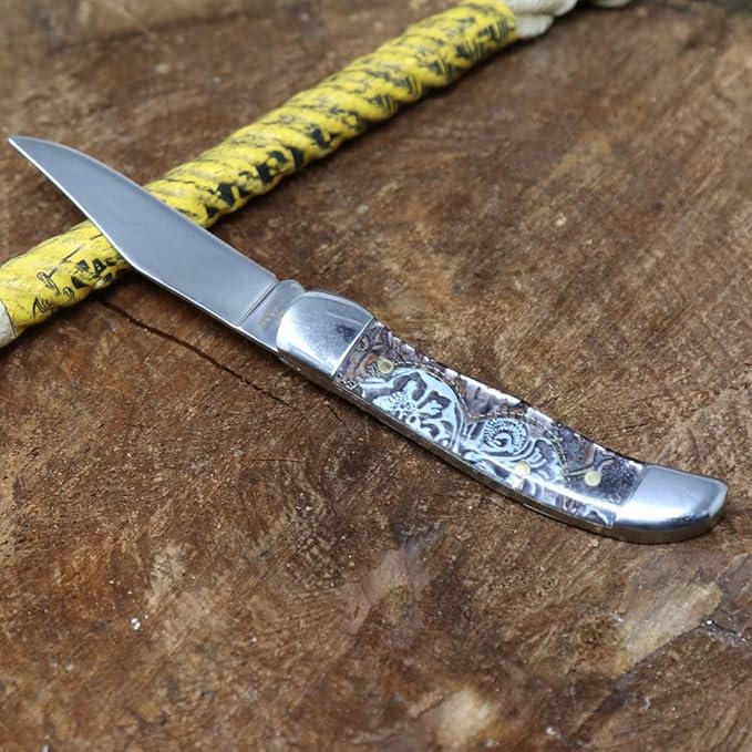 WHISKEY BENT HAT CO. Mini Hunter Folding Pocket Knife 2.75" Closed Length 440C Stainless Steel Blade (Tooled Country)