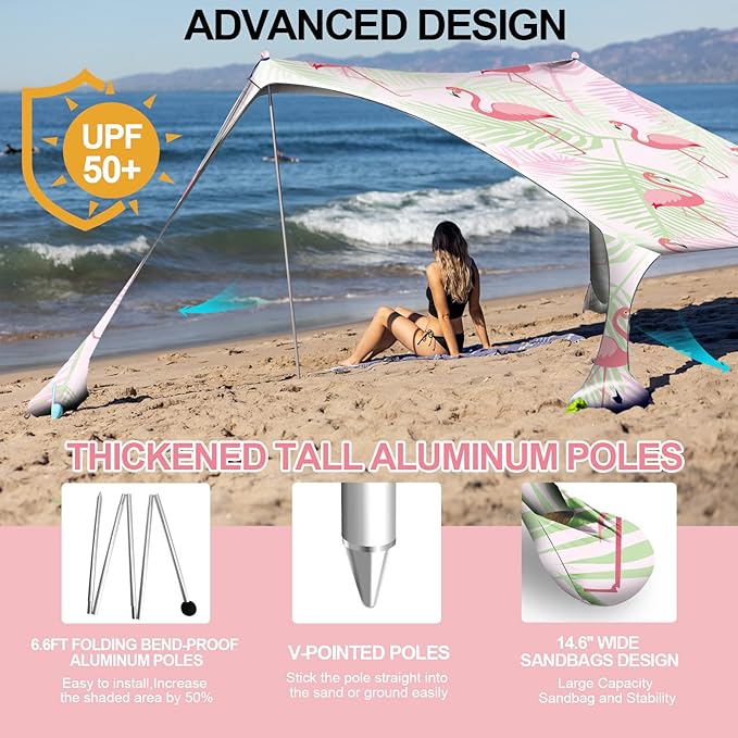 Buheco Beach Tent Pop Up Shade 10x10ft Beach Canopy Sun Shelter UPF50+ with 4 Foldable Poles-Portable Carrying Bag-Sand Shovel-Ground Pegs-Windproof Ropes for Outdoor Family Camping-Fishing- Picnic