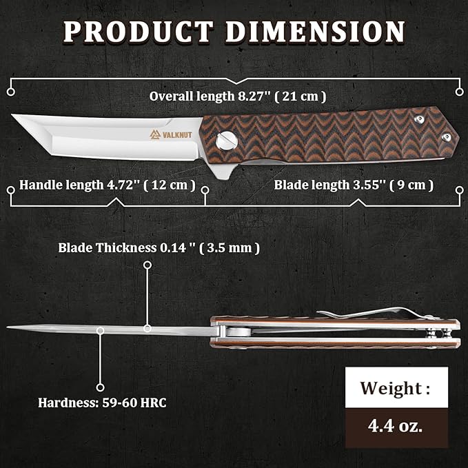 Tanto Folding Pocket Knife D2 Steel EDC Knives for Men, Flipper Opening Japanese Tanto Knife 3-1/2'' Blade