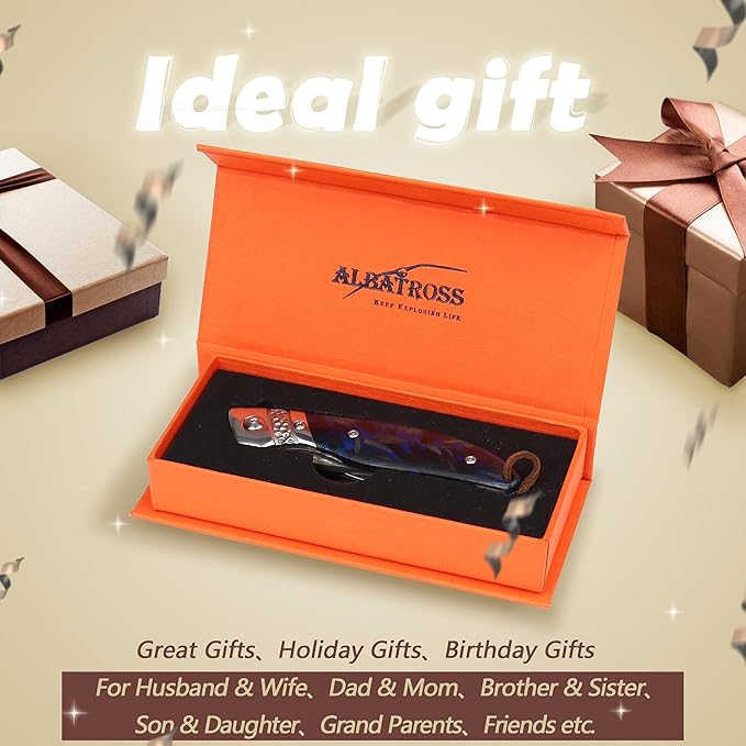 ALBATROSS HGDK028 EDC Sharp Mordern Damascus Folding Pocket Knife with Blue Fluorescent Carbon Handle,Ball Bearing Assisted Opening Knives with Liner Lock Tail rope，Gifts/Collections