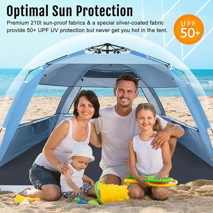 WhiteFang Deluxe Pop Up Beach Tent Sun Shade Shelter for 3-4/5-6 Person, UV Protection, Extendable Floor with 3 Ventilating Windows Plus Carrying Bag, Stakes, and Guy Lines