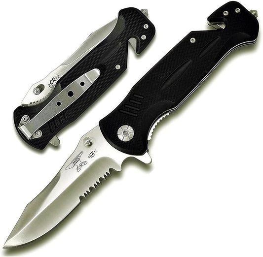 BULLSHARK G-10 8CR13 Folding Pocket Knife w/Glass Breaker and Seatbelt Paracord Cutter - Serrated Blade Silver Assisted Open (SERRATED SATIN ASSISTED, 1)