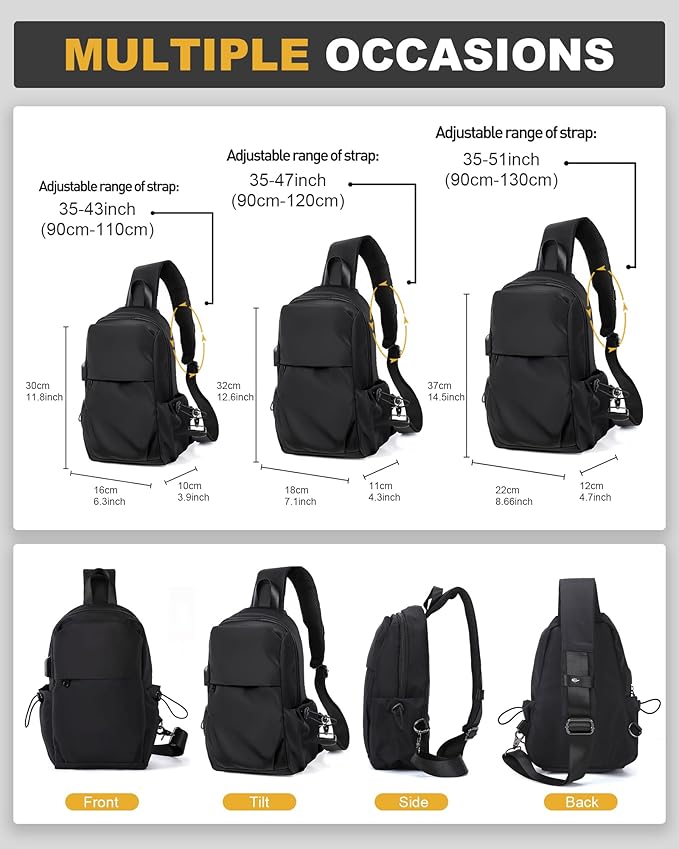 Large Black Sling Bag for Men and Women - Sport Crossbody Backpack for Pickleball, Tennis, Racketball