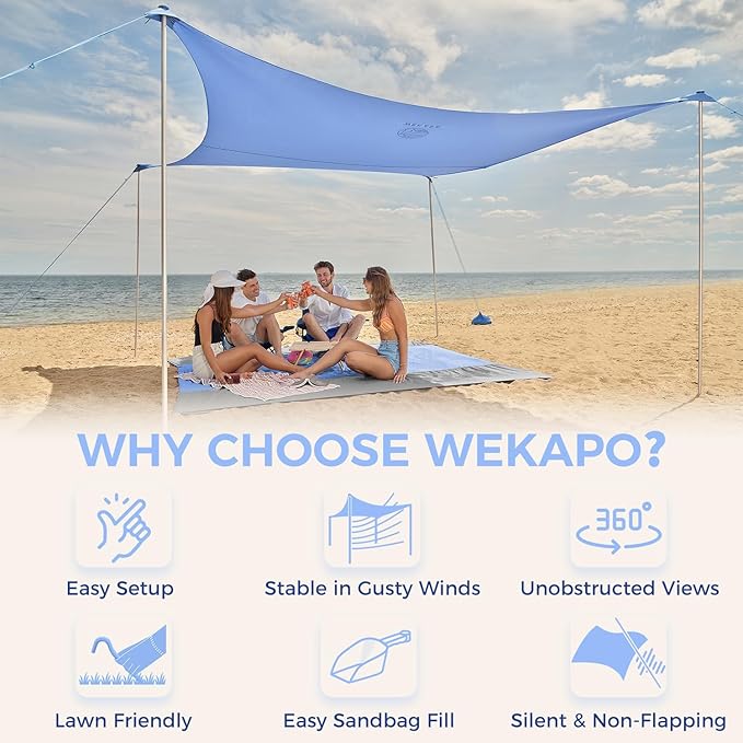 WEKAPO Beach Tent Sun Shelter - Easy Setup Beach Canopy with 4 Sturdy Poles, Extra Large Sandbags and Shovel, 7'8'' Tall, Windproof Sun Shade for Backyard and Camping, UPF 50+ Protection