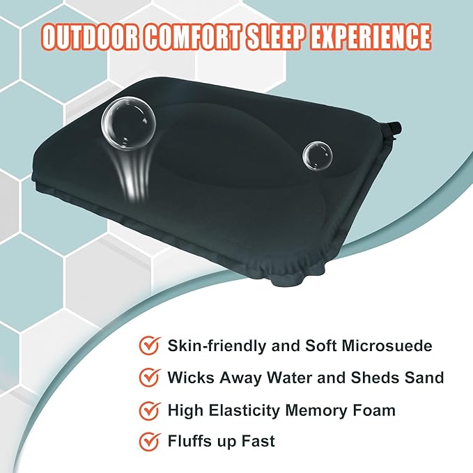 OPENROAD Self Inflating Camping Pillow, Compressible Foam Travel Pillow, Ergonomic Camp Pillow Provides Comfortable Support for The Neck. Compact and Lightweight for Camping, Hiking and Backpacking.