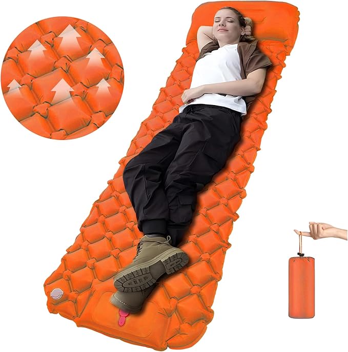 DDD Ultra-Light Inflatable Camping Sleeping Pad with its Built-in Foot Pump and Pillow - The Ultimate Camping pad, Hiking pad, Backpacking Pad and Lightweight for a Outdoor Sleep——Orange