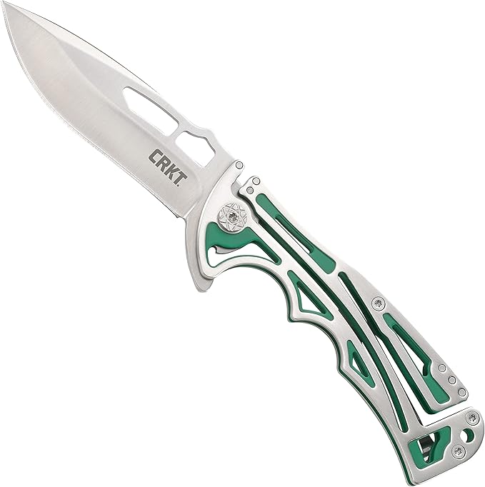 CRKT NIRK Tighe EDC Folding Pocket Knife: Stainless Steel Plain Edge Blade, Silver & Green Machined Stainless Steel Handle 5241