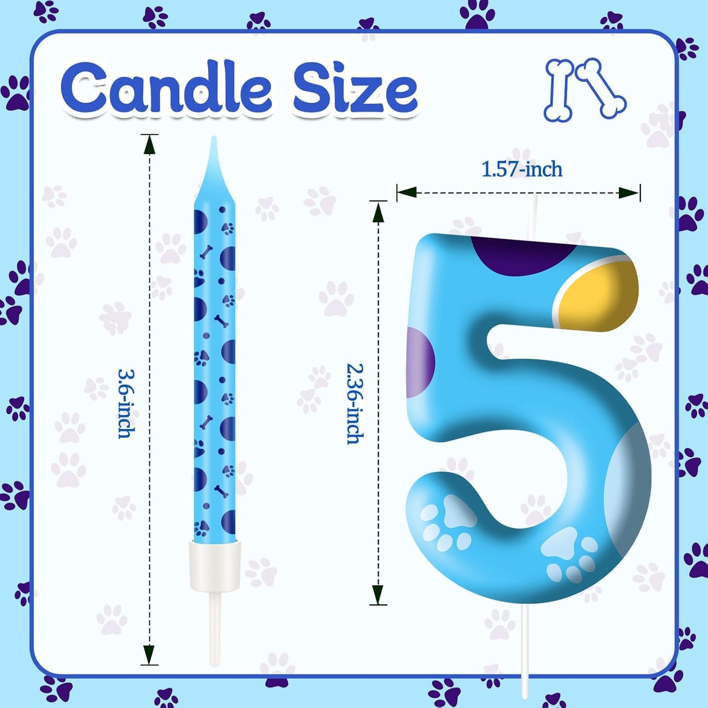 13PCS Blue Dog Paw Birthday Candles Set Cake Topper Numeral Birthday Candles for Boy Girl Dog Paw Decoration(Number 5)