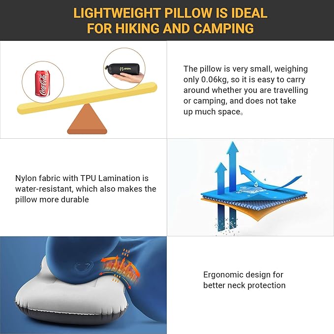 ATEPA Ultralight Inflatable Pillow - Camping Travel, 2oz Insulated Compact, Comfortable, Inflating Pillows for Neck & Lumbar Support for Hiking, Backpacking