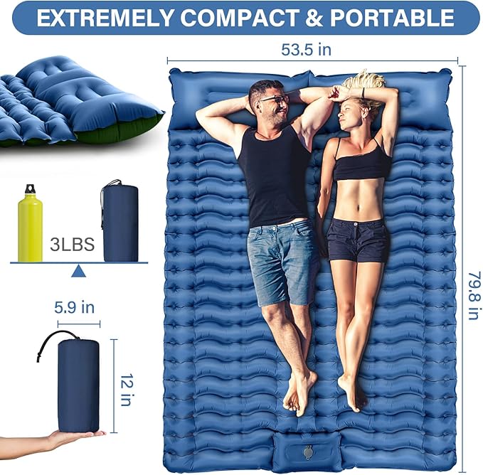 Double Sleeping Pad - Self Inflating Sleeping Mat 4" Extra-Thick for 2 Person with Pillow Built-in Foot Pump Camping Pad for Backpacking, Hiking, Traveling, Tent, Portable Camping Mat