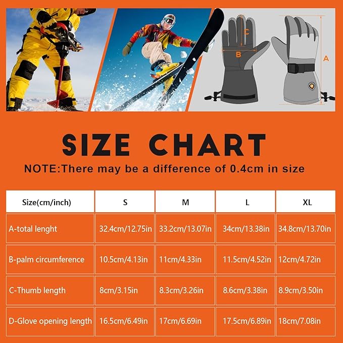Heated Gloves for Men Women 7.4V Battery 22.2WH Rechargeable Heated Ski Gloves Touchscreen Waterproof Electric Heated Gloves for Winter Outdoor Work Skiing Hiking Camping Raynaud