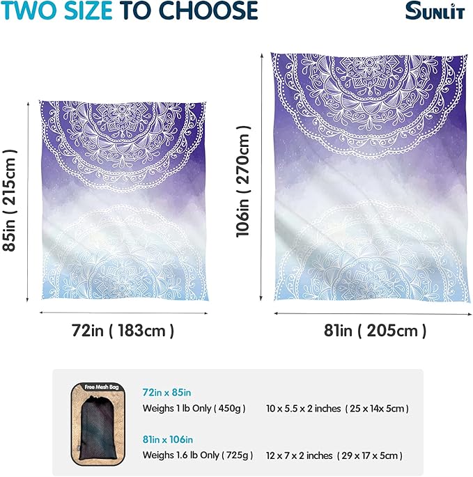 Sunlit Silky Soft 106"x81" Boho Sand Proof Beach Blanket Sand Proof Mat with Corner Pockets and Mesh Bag for Beach Party, Travel, Camping and Outdoor Music Festival, Blue Purple Mandala