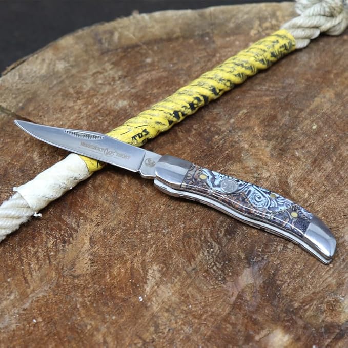 WHISKEY BENT HAT CO. Mini Hunter Folding Pocket Knife 2.75" Closed Length 440C Stainless Steel Blade (Tooled Country)