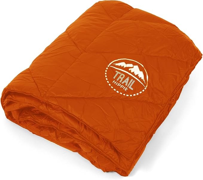 Luxurious Ultralight Down Camping Blanket | Perfect for Backpacking | Packable Puffy Outdoor Quilt with Hood & Pad Straps | Ideal for Travel Camping & Soccer Moms | 80x54 Orange