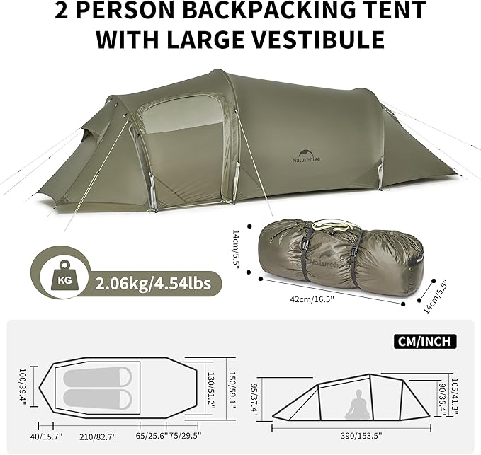 Naturehike Opalus 2/3 Person Tunnel Tent, Lightweight Backpacking Tent with Vestibule, Double Wall 4 Season Tents for Camping