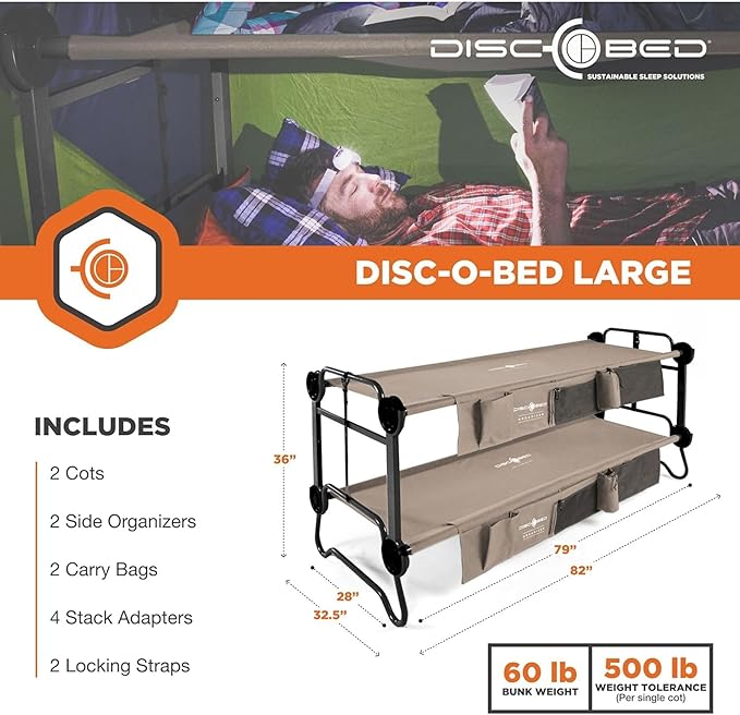 Disc-O-Bed Portable Cam-O-Bunk Bed, Large 2 Adult Sleeping Cot for Camping, Tan