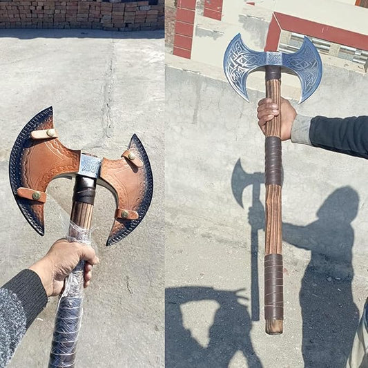 Handmade Double Head Berserker Axe, Large Norse Axe, Hand Forged Steel Axe,Double Blade Axe with Leather Sheath Camping Two Sided Axes Valentine's Day Gift, Aromer Axe Gift (VK-Ax-10)