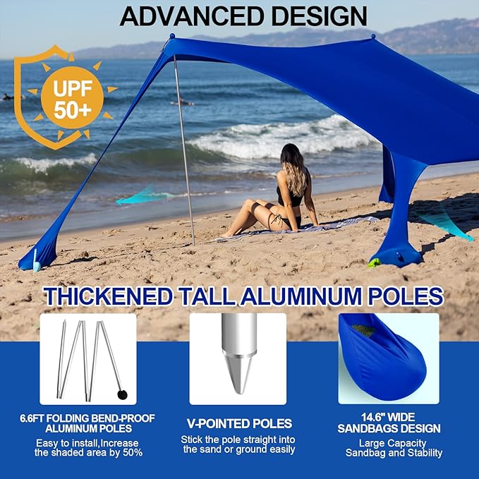 Buheco Beach Tent Pop Up Shade 7x7.5ft Beach Canopy Sun Shelter UPF50+ with 4 Foldable Poles-Portable Carrying Bag-Sand Shovel-Ground Pegs-Windproof Ropes for Outdoor Family Camping-Fishing- Picnic