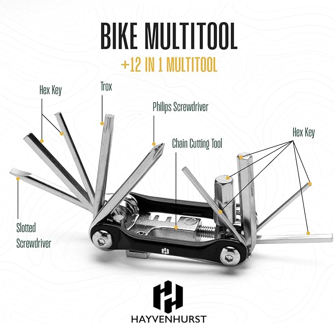 Bike Multitool - Bike Tool Kit -12 In 1 Lightweight Stainless Steel Bicycle Multi tool - Safety Locking, Survival Gear With Hex Key, Screwdriver, Chain Cutting Tool by Hayvenhurst