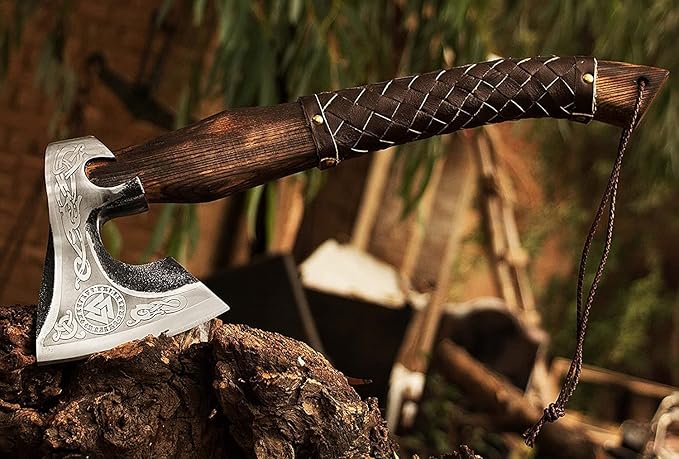 Hand Forged Etched Viking Axe – 20” inches Ash Wood Handle Camping Axe with Leather Sheath – High Carbon Steel Hatchets and Axes, Wood Splitting Axe, Throwing Axes - Gift for HIM (Valknut Axe)