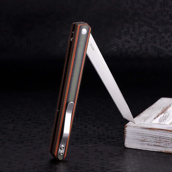 Samior G1035 Small Slim Folding Pocket Flipper Knife, 3.5 inch D2 Tanto Blade, Multicolor Green G10 Handle with Liner Lock Pocket Clip, Gentleman's EDC Knives 1.3oz