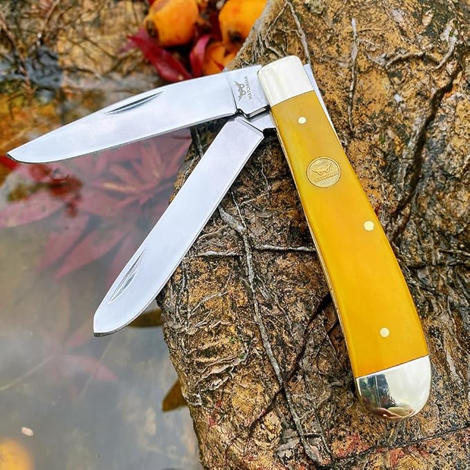 Watchman Trapper Pocket Knife – Dual Stainless Steel Blades Slip Joint Knife Folding Pocket Knife with Authentic bone handle scales (yellow)