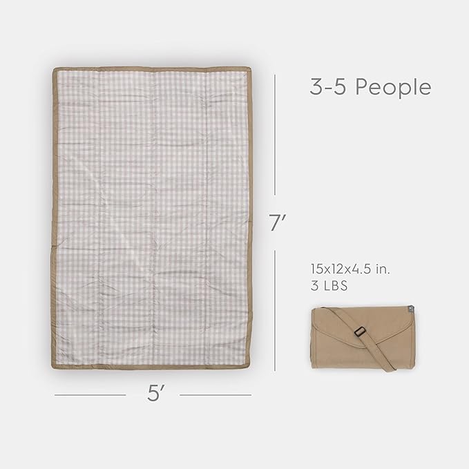 Little Unicorn Outdoor Family Picnic & Beach Blanket, Water-Resistant, Compact Fold, Large Size, 5 x 7 feet, (Beige Buffalo Check)