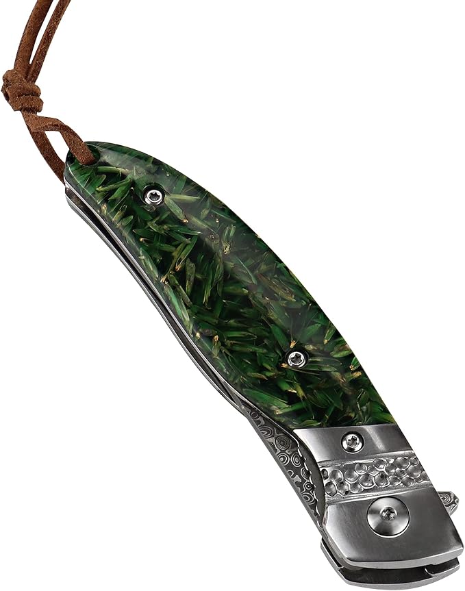 ALBATROSS HGDK028 EDC Sharp Mordern Damascus Folding Pocket Knife with Green paddy Synthetic Material Handle,Ball Bearing Assisted Opening Knives with Liner Lock Tail rope，Gifts/Collections