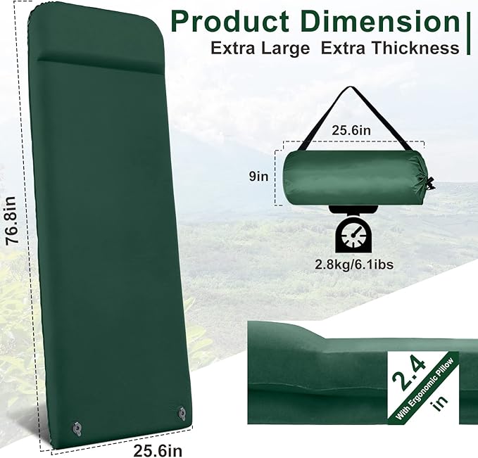 Self Inflating Sleeping Pad for Camping Fast Inflating in 20s Insulated Camping Pad Ultra-Thick Foam Camping Mats Memory Foam Camping Air Mattress with Pillow for Car Camping , Tent, Home,Travel
