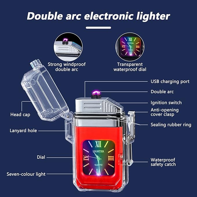 SKRFIRE Plasma Lighter Rechargeable Electric Lighter Outdoor Windproof Flameless Lighter with Seven Colours Lighter for Valentine's Day (Red)