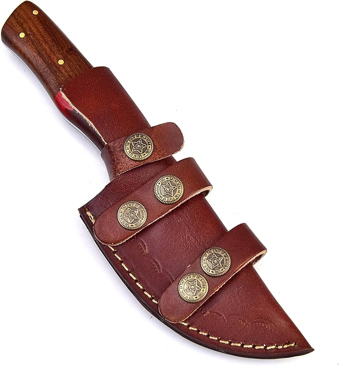 930 Custom Handmade Damascus Steel Small Fixed Blade Outdoor Camping Bushcraft Knife for men with Leather Sheath 930