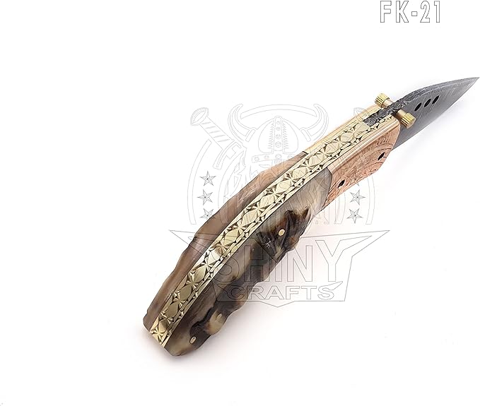 SHINY CRAFTS -Damascus Folding Knife Pocket Knives Hunting Knife Tactical Knife – Utility Pocket Knife - Everyday Carry - PlainEdge - Leather Sheath (FK 21)