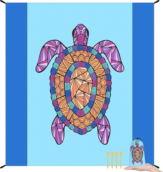 Beach Blanket Sandproof Waterproof, Bohemian Turtle Large Beach Mat Oversized for 2-4 Person, Compact Sand Free Quick Dry Polyester Outdoor Picnic Blanket for Travel, Camping, Hiking