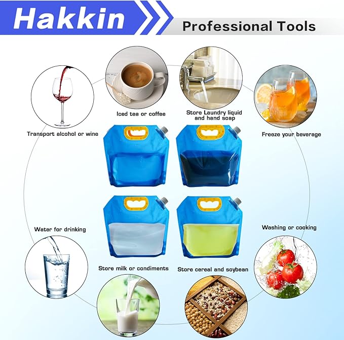 Hakkin Collapsible Water Tank Container 4 Pack 0.66 Gallon/2.5L, No-Leak Freezable Portable BPA Free Food Grade Plastic Storage Jug for Camping, Hiking, Travel, Emergency Survival Kit Bonus