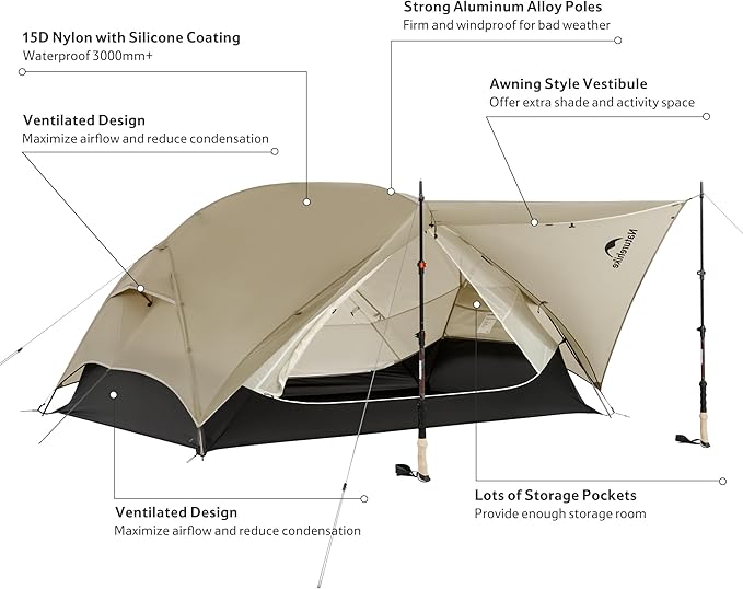 Naturehike Mongar UL 1/2Person Backpacking Tent,15D Nylon Waterproof Ultralight 1-2 Person Tent with Footprint