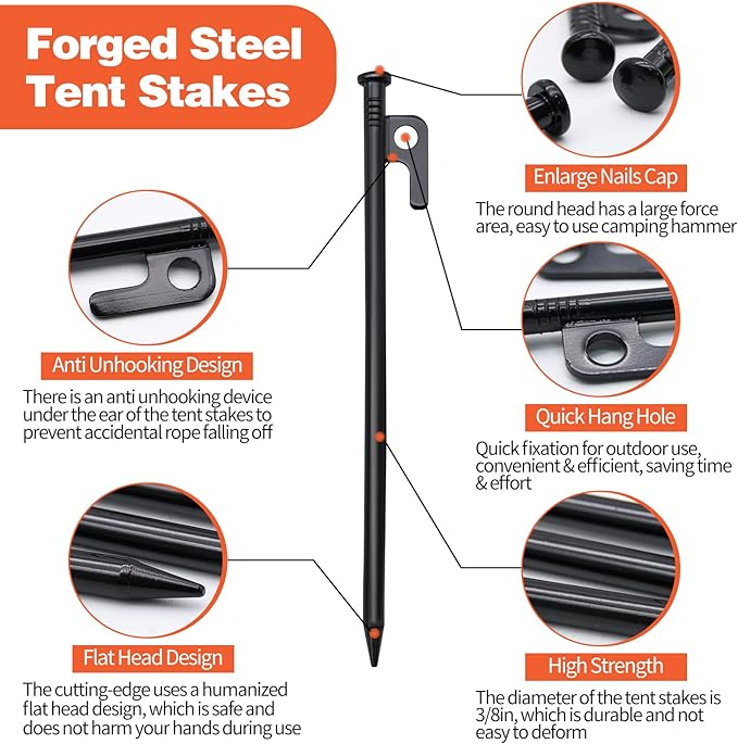 16pcs Tent Stakes and Hammer Set, 12in Heavy Duty Forged Steel Tent Stakes + Camping Hammer + Storage Pouch, Available in Rocky Place (16pcs 12in Stake+Hammer)