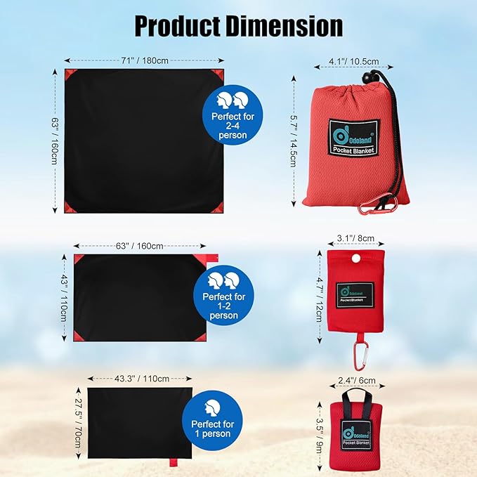Odoland Beach Blanket Picnic Blanket, SandProof Waterproof Outdoor Pocket Blanket with Portable Bag, Foldable Lightweight Sand Free Quick Drying Beach Mat for Hiking Camping Picnics Travel Concert