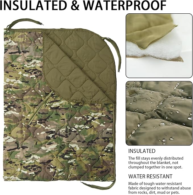 Military Poncho Liner 60”x 79” Camping Blanket Woobie Compact Waterproof for Travel Stadium Outdoor Camping