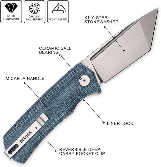 Petrified fish PFP01T Beluga,3.58" K110 Black Stonewashed Blade, 157g Micarta Handle Front Flipper Liner lock Folding knife (Blue Micarta, Stonewashed)