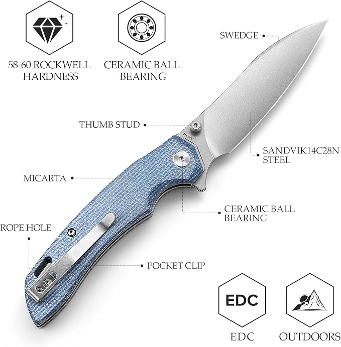 Button Lock Folding Pocket Knife for Men, EDC Flipper Knives with Clip for Camping Tool，3.54" 14C28N Nussmuk Blade & Micarta Hanlde，Thumb Stud，Survive Outdoor Gift.Aur-04L
