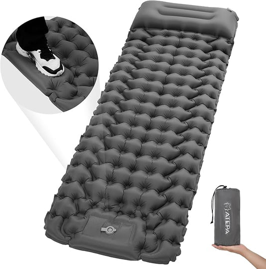 ATEPA Sleeping Pad for Camping Backpacking, Ultralight Inflatable Camping Air Mattress with Built-in Foot Pump & Pillow, 77"X27"Waterproof & Compact Sleeping Mat Hiking Trekking Inflatable Pad Grey