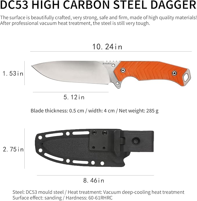 DC53 Steel 5" Fixed Blade Hunting Knife with Kydex Sheath, Camping Fishing Multi-Purpose Outdoor Gear with G10 Handle, Camping Bush Knife, Gifts for Men
