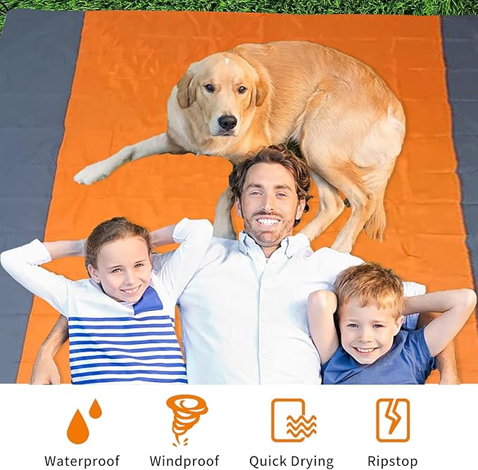 Orange Beach Blanket, Large Oversized Beach Mat Intimate Choice of Beach Accessories for Outdoor Travel Camping Hiking Good Gift (L-OrangeGrey)